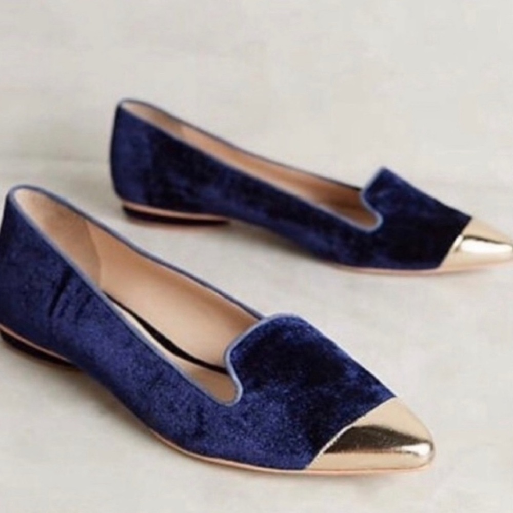 Guilhermina Anthropologie Blue Velvet Gold Toe Flats Size 6 - Picture 1 of 7